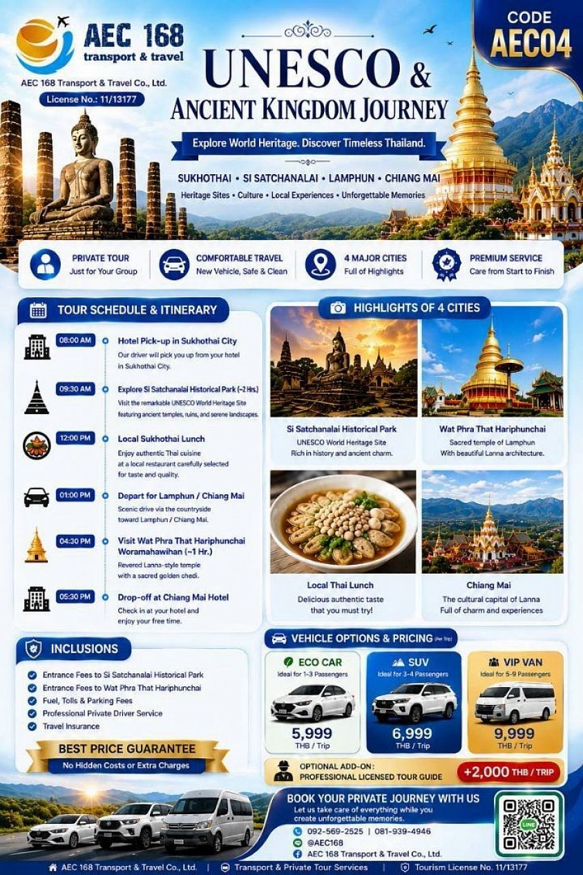 Explore Ancient Heritage to Chiang Mai with AEC 168 Transport & Travel (Tourism License No. 11/13177)! Experience a special private day tour covering Sukhothai – Si Satchanalai – Lamphun – Chiang Mai all in one trip! ✨  📍 Trip Highlights  08:00 AM — Pick-up at your hotel in Sukhothai City  09:30 AM — Explore Si Satchanalai Historical Park (UNESCO World Heritage Site, ~2 Hours)  12:00 PM — Enjoy local Sukhothai lunch & famous noodles  04:30 PM — Pay respects at Wat Phra That Haripunchai, Lamphun (~1 Hour)  05:30 PM — Drop-off at your hotel in Chiang Mai City  💵 Flat All-Inclusive Trip Rates (NET Price)  🚗 Eco Car (1–3 Passengers): 5,999 THB  🚙 SUV (3–4 Passengers): 6,999 THB  🚐 VIP Van (5–9 Passengers): 9,999 THB (Optional Professional Licensed Tour Guide: +2,000 THB)  ✨ Package Inclusions ✅ Entrance fees for Si Satchanalai Park & Wat Phra That Haripunchai included ✅ Fuel, tolls, and experienced private driver included 🛡️ NET Price Guarantee — Absolutely NO Hidden Fees!  📲 For Inquiries & Bookings Send us a direct message on Page or contact AEC 168 Transport & Travel today! 🚘💨